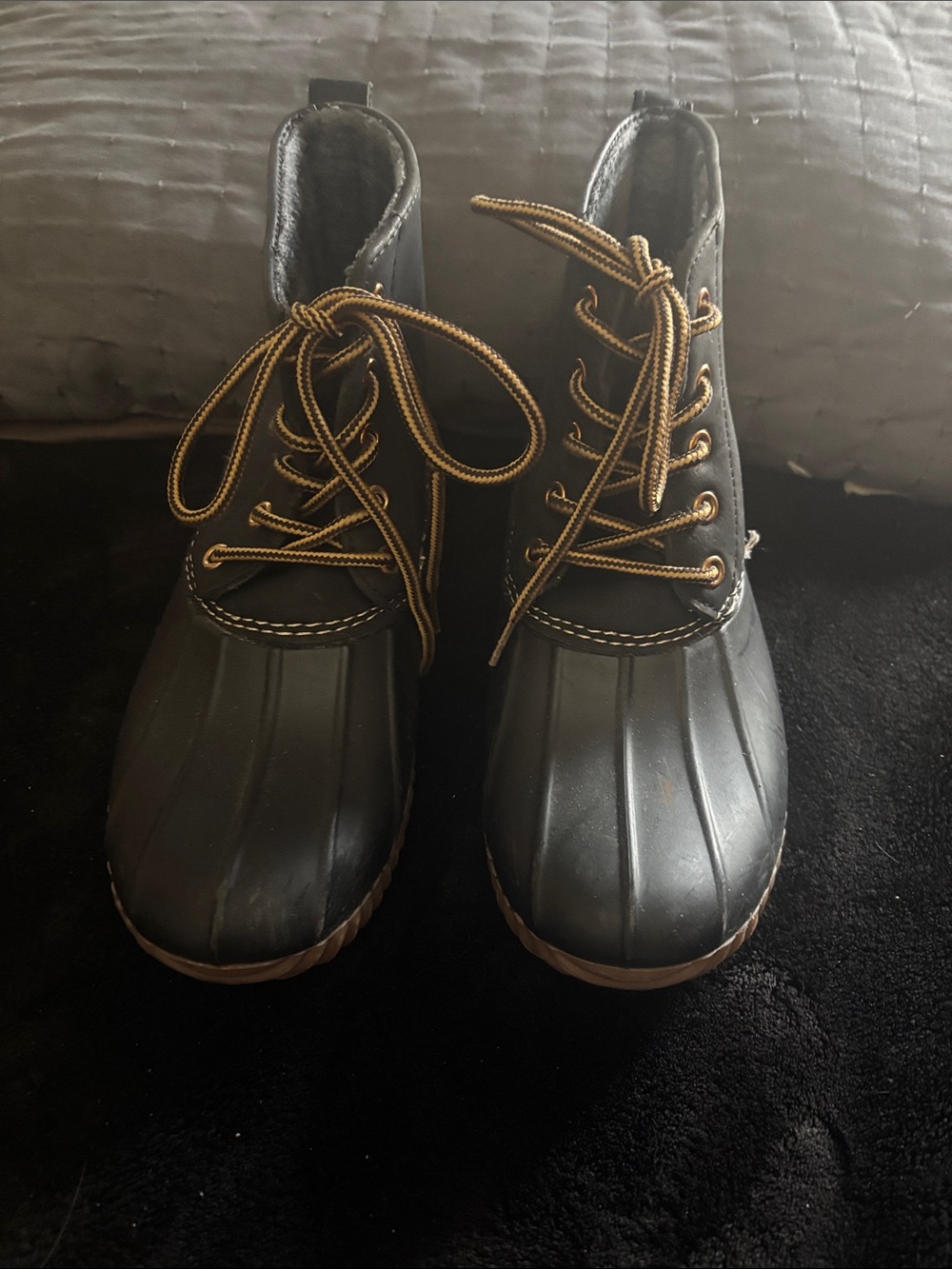 Kids Waterproof Black Duck Boots with Brown Trim and Lace-Up Closure